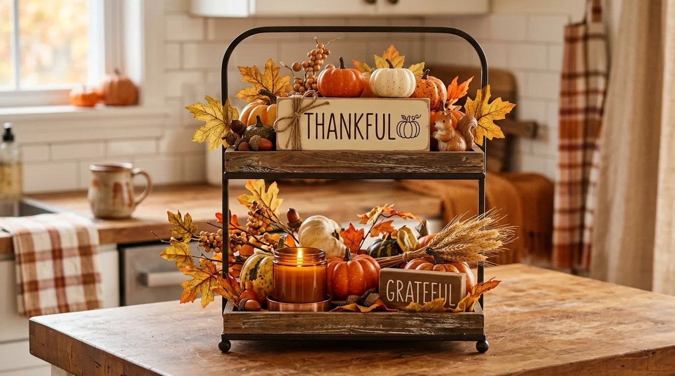 Classic Thanksgiving tiered tray with pumpkins and thankful sign